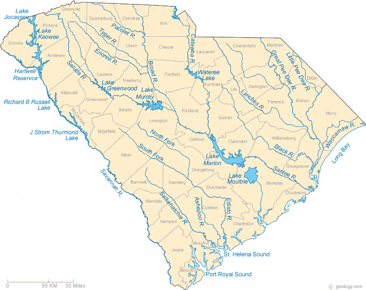 South Carolina Lakes and Rivers Map