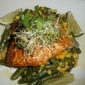 SMOKED ALASKAN WHITE KING SALMON ON A BED OF SUCCOTASH TOPPED WITH ALFALFA SPROUTS