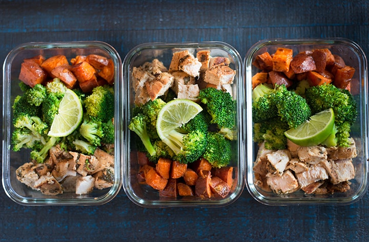 Three prepared meals in a line to show how to arrange the meal prepped chicken for how to meal prep chicken.