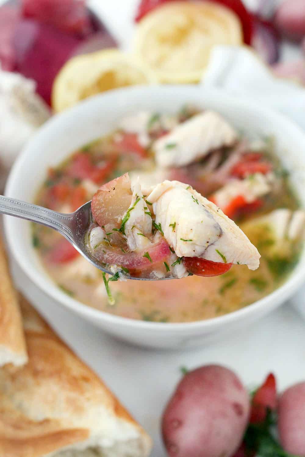 This Instant Pot Fish Stew is a delicious Mediterranean recipe year-round. It features sea bass, potatoes, and tomatoes, and it