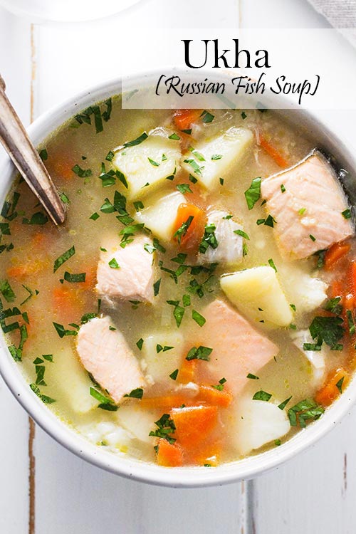 Ukha, Russian fish soup, is delicious and comforting. Fish is gently cooked with potatoes and carrots in a rich broth seasoned with bay and black pepper. 